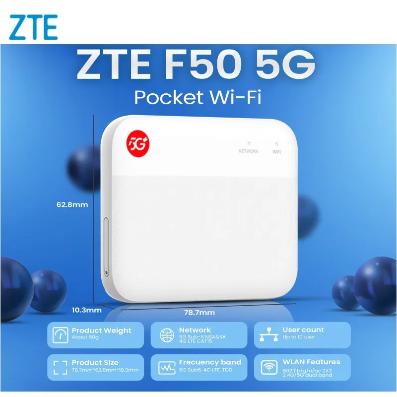 Imagem -02 - Zte F50 5g Bolso Wi-fi Router Dual Band 1.6 Ghz Usb Tipo-c 4g Lte Cat15 SA Nsa 5g Sim sem Fio Hotspot Móvel