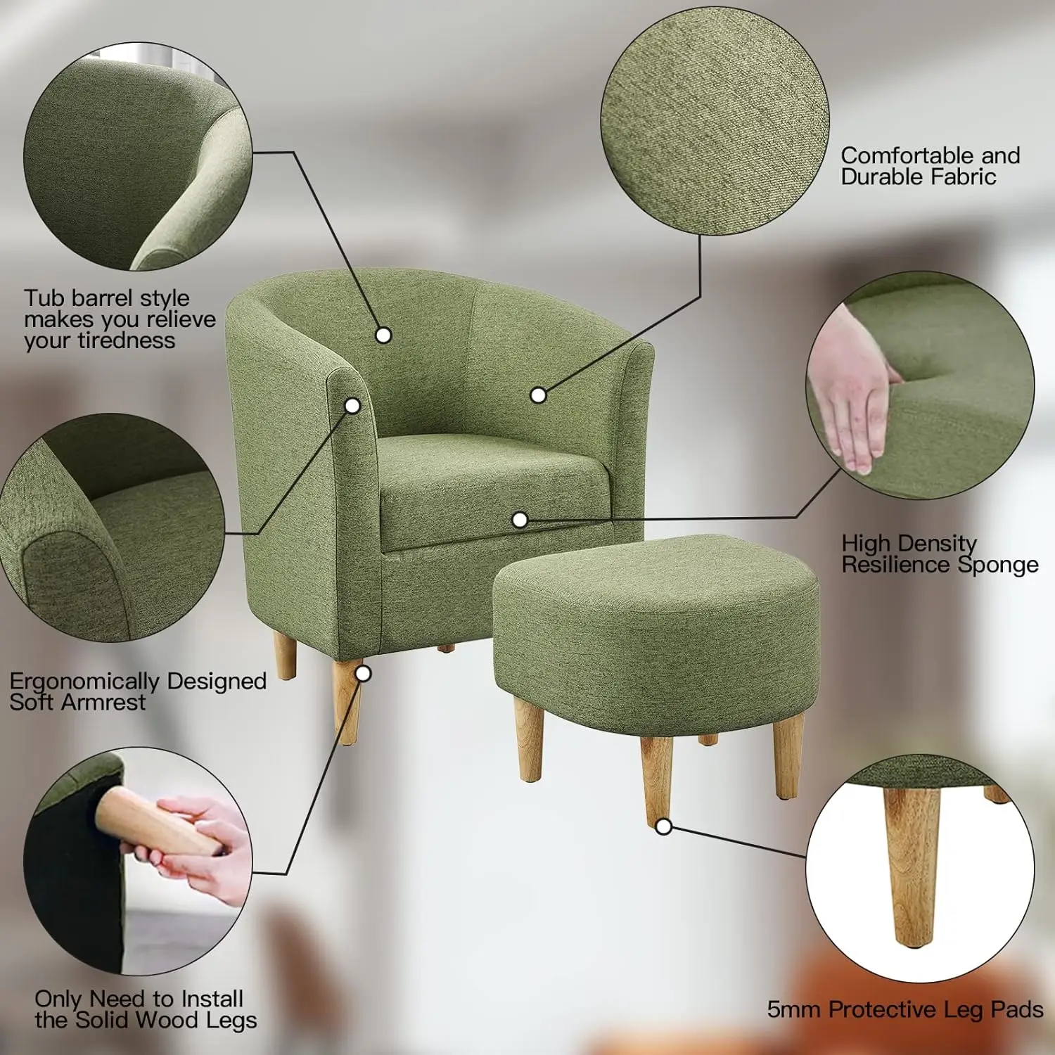Set of 2 Modern Accent Chairs with Ottoman, Green Upholstered Barrel Armchairs for Living Room or Bedroom