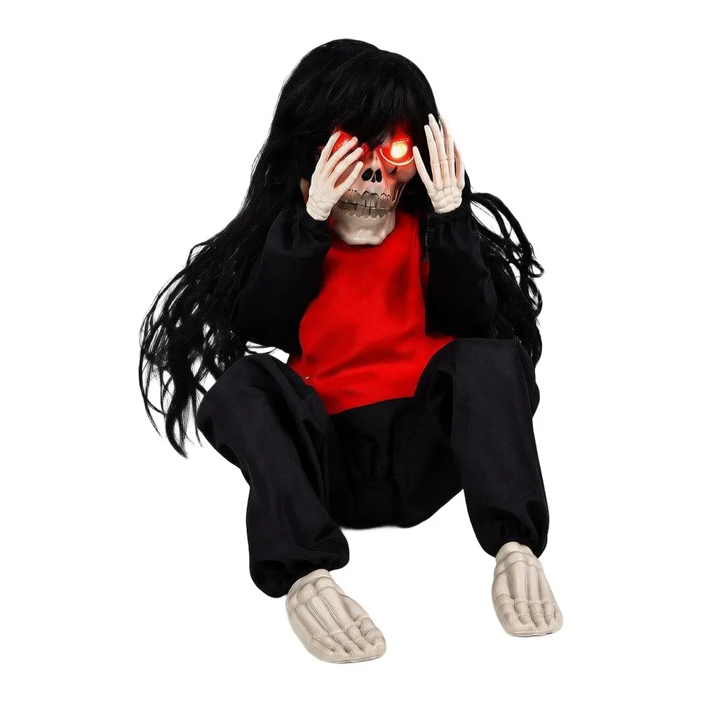 Halloween Scary Animatronic Decoration Electric Crying Prop With Glowing Red Eyes Long Hair Sound Activated Weeping For Haunted