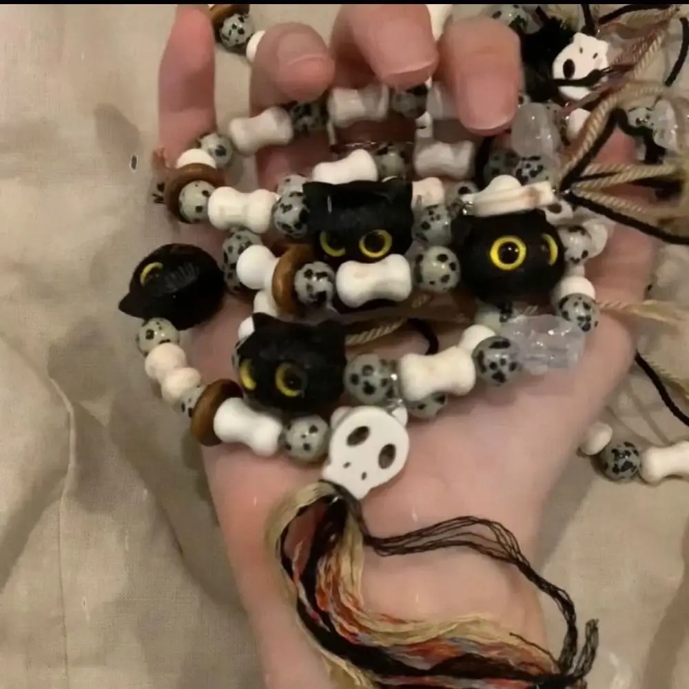 Ceramics Bead Black Cat Bracelet Colorful String Skull Cat Handmade Bead Bracelet Hand Rope Jewelry Accessories