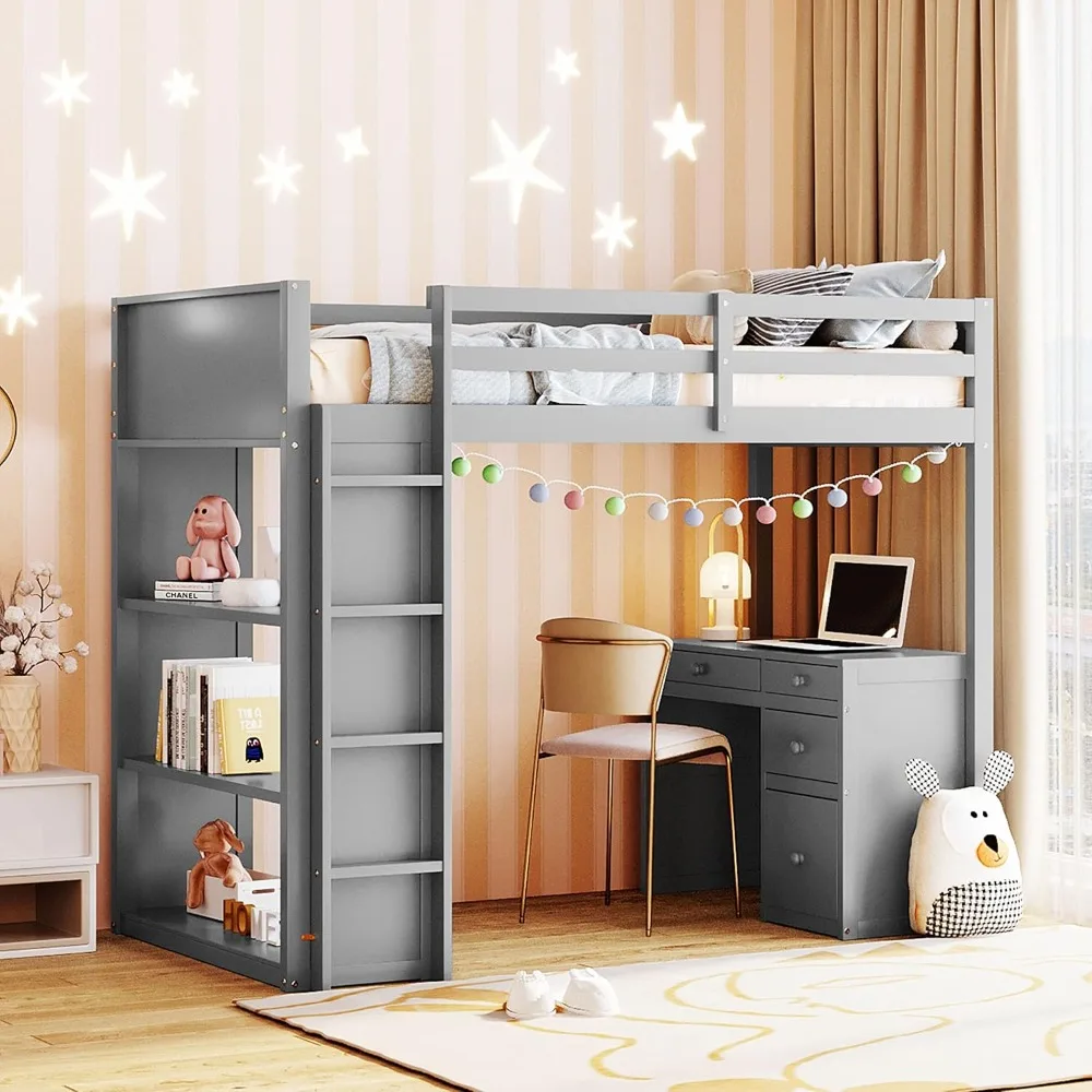 

Double loft bed with safety rails and ladder, shelves and desk, storage drawers, wooden slats support, bedroom staircase