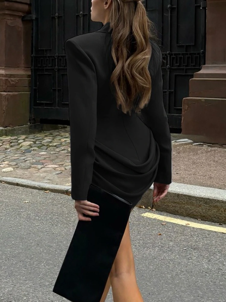 Tossy Solid Deep V-Neck Mini Suit Dress For Women Slim Commuting High-Waisted Pleats Long Sleeves New Female Bodycon Dress New