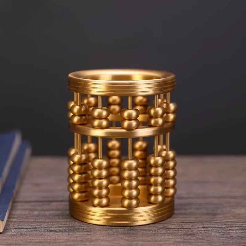 Brass Abacus Pen Holder, Hand Polished Traditional Craft, Desktop Decor for Home Office, Study Room Gift, Business Present