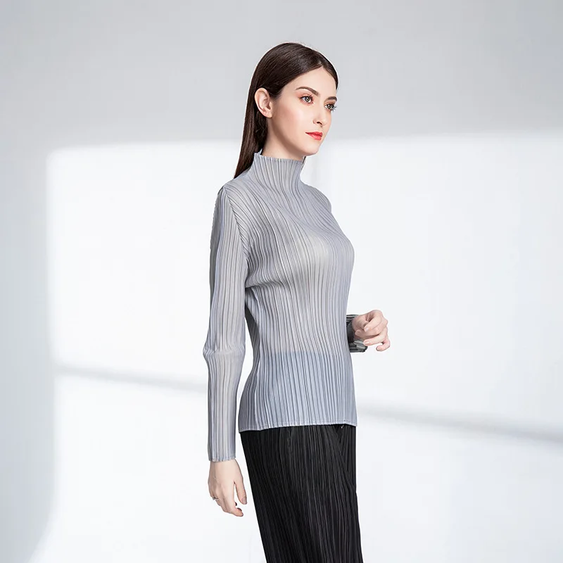 

Miyake Pleated Women Shirt Tops High Fashion Designer New Aesthetic Clothing high elasticity Causal Long Sleeve Turtleneck