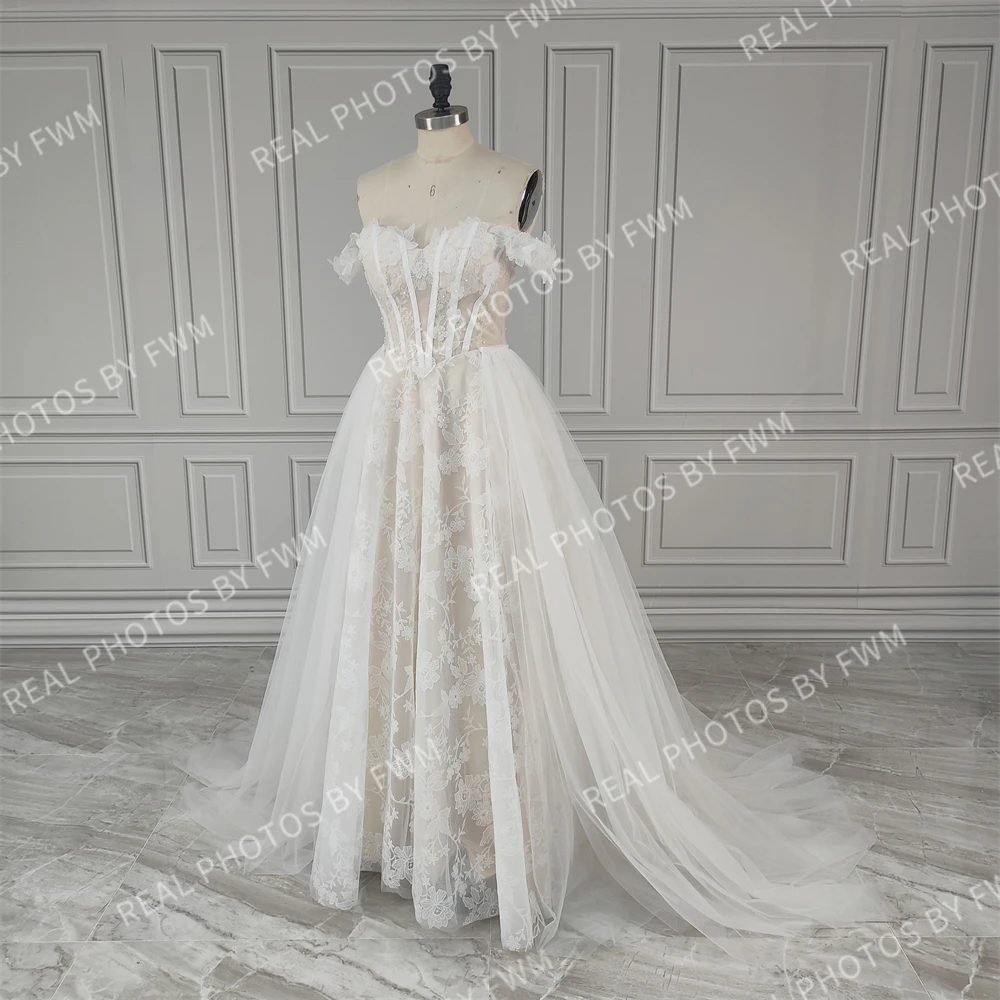 2285 #   Personalizado fora do ombro a linha 3d flores vestido de casamento de renda com apliques de lantejoulas vestido de noiva para mulher feito sob encomenda