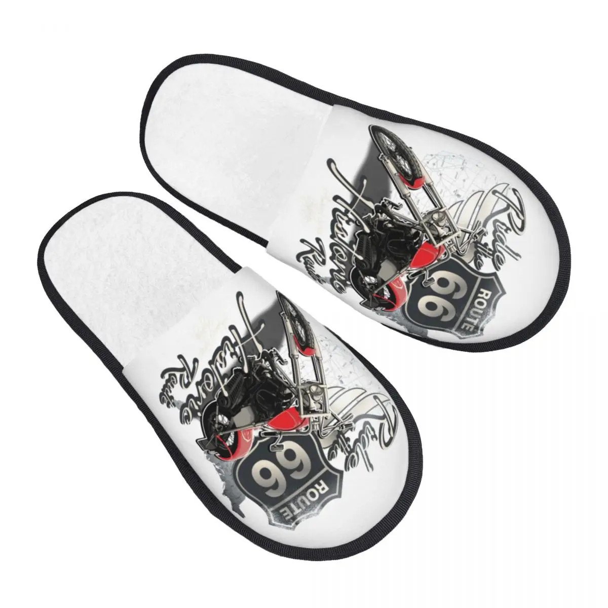 US 66 Biker Comfy Scuff With Memory Foam Slippers Women Route 66 America Highway Motorcycle Hotel House Shoes