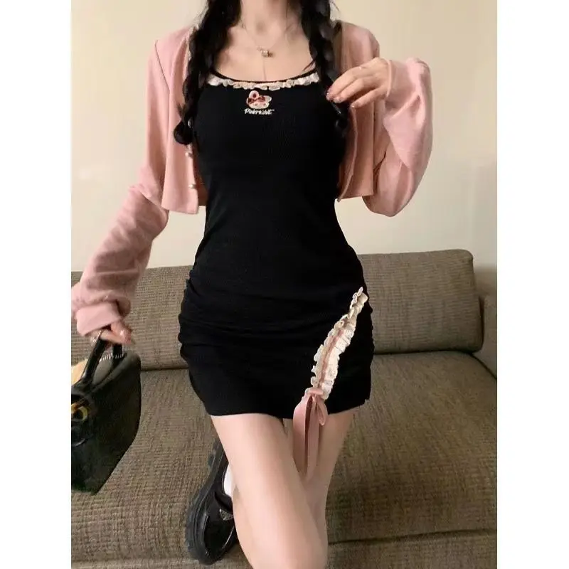 Traveling Shopping Pure Desire Sweet Girl Embroidery Versatile Cardigan Waist Cinching Slimming Lace Camisole Dress