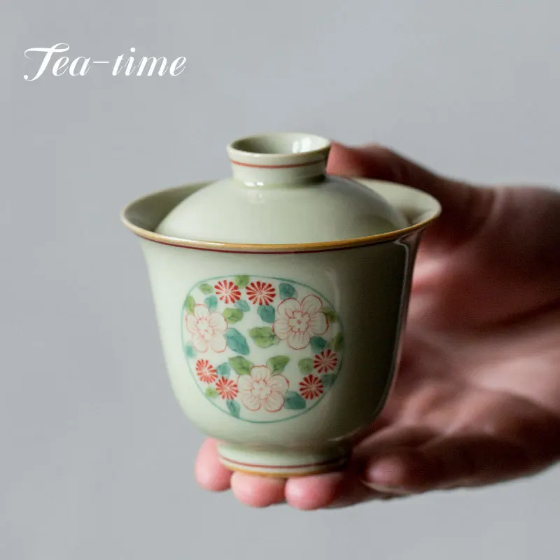 

150ml Hand-painted Window Flower Cover Bowl Kung Fu Teaware Set Ceramic Underglaze Color Tea Maker Hand-grabbing Gaiwan Gift Box