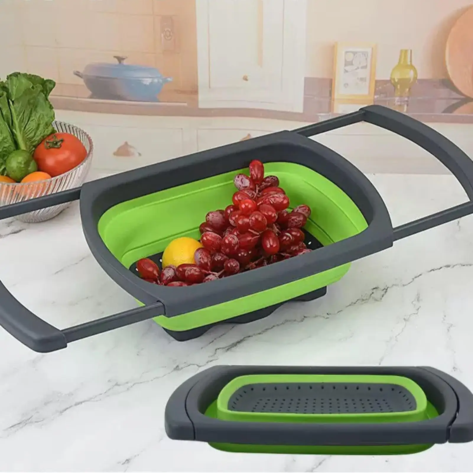 Folding Kitchen Colander Strainer Space Saving Extendable Handles Vegetable Draining Basket Colander for Home Fruit Salad Prep