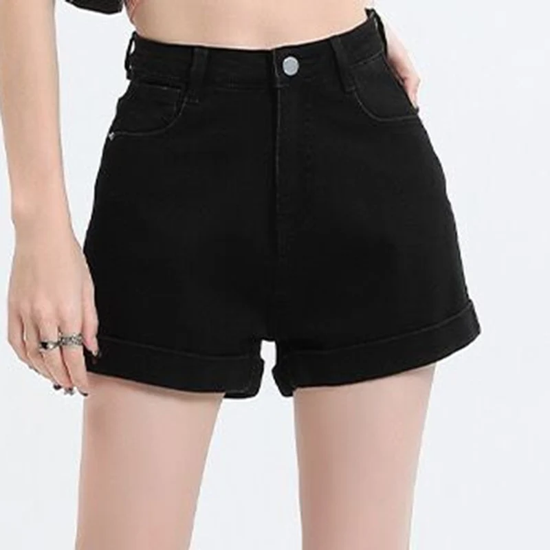 Summer 2024 New Women Rolled Edge Hot Denim Shorts Lady Korean Mini Pants Girls Elastic Blue Black Black Gray A Line Short Jeans