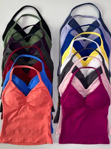 Seamless Longline Strappy Gym Top Backless Gym Clothes Women Scrunch Built-in Bra With Removable Cups Yoga Tank Tops