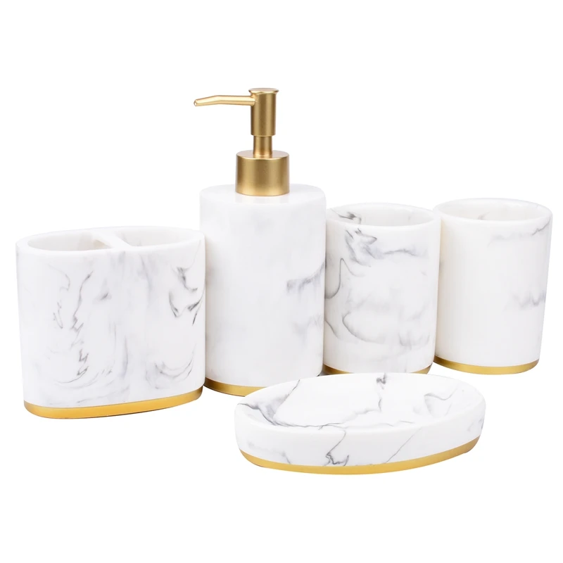 Bathroom Accessories Set, 5 Pieces Bath Ensemble, Bath Set Collection Marble Pattern Soap Dispenser Pump,-AT35