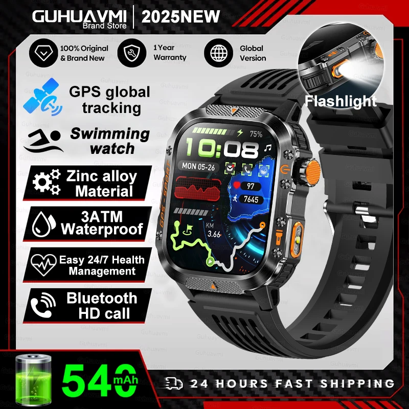 2026 Nieuwe Militaire Smartwatches Mannen 10ATM Waterdicht Zwemmen GPS Bluetooth Oproep 2.01 "AMOLED HD Sport Zaklamp Smart Horloge Mannen
