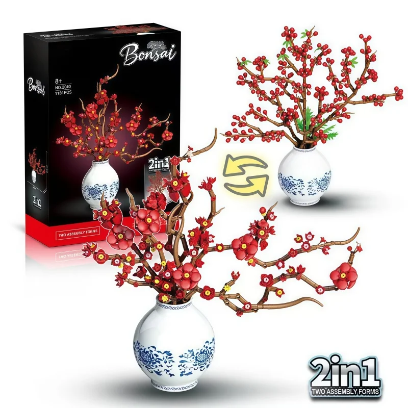 

Everlasting Red Plum Blossom Bonsai Building Blocks Set, Chinese Blue and White Vase, DIY Assembly Toy Gift