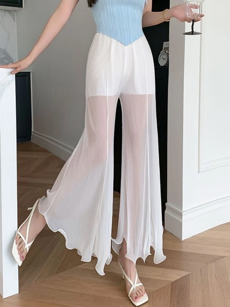 

Ruffles Flare Pants Women See Through Sexy Soft Elegant Breathable Spring Summer Sweet Fashion Chic Elastic Waist Korean Trouser