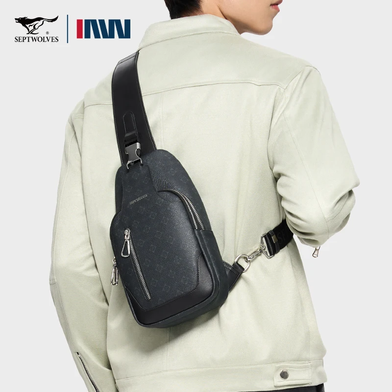 

Septwolves Business Thin Printed Leather Crossbody Sling Bag Man Fashion Casual Travel Print Fabric Shoulder Bag iPad Pocket