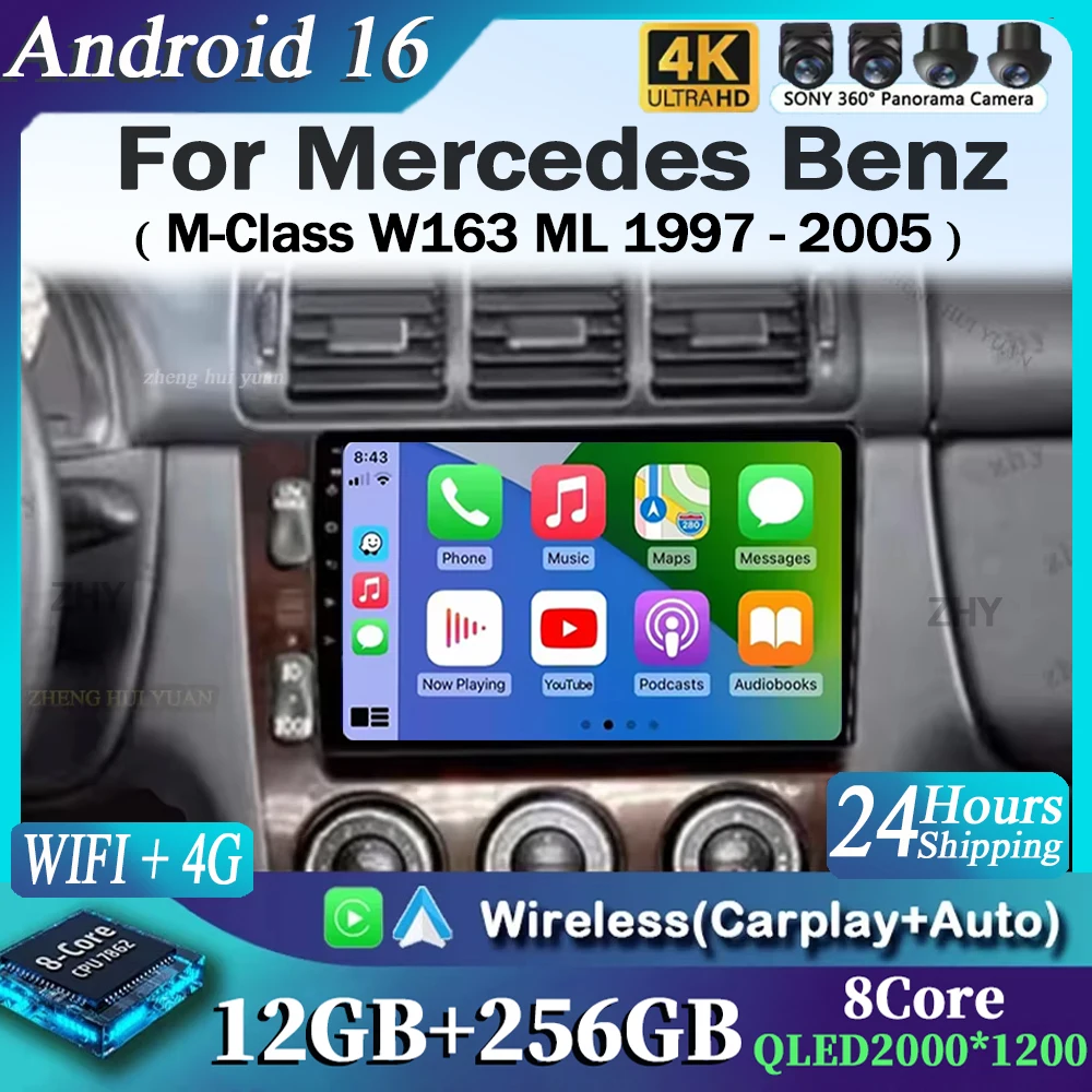 Für Mercedes Benz M-Klasse W163 ML 1997 - 2005 2K 12+256 QLED Android 16 CarPlay Autoradio Multimedia-Videoplayer GPS Stereo 4G