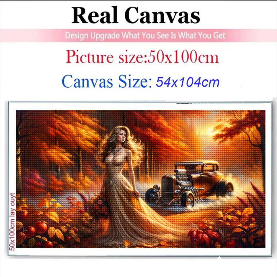 Woman in Vibrant autumn Colors Diy Diamond Painting Kit Fantasy landscape Old Car Full Diamond Art Mosaic For Large Home Decor