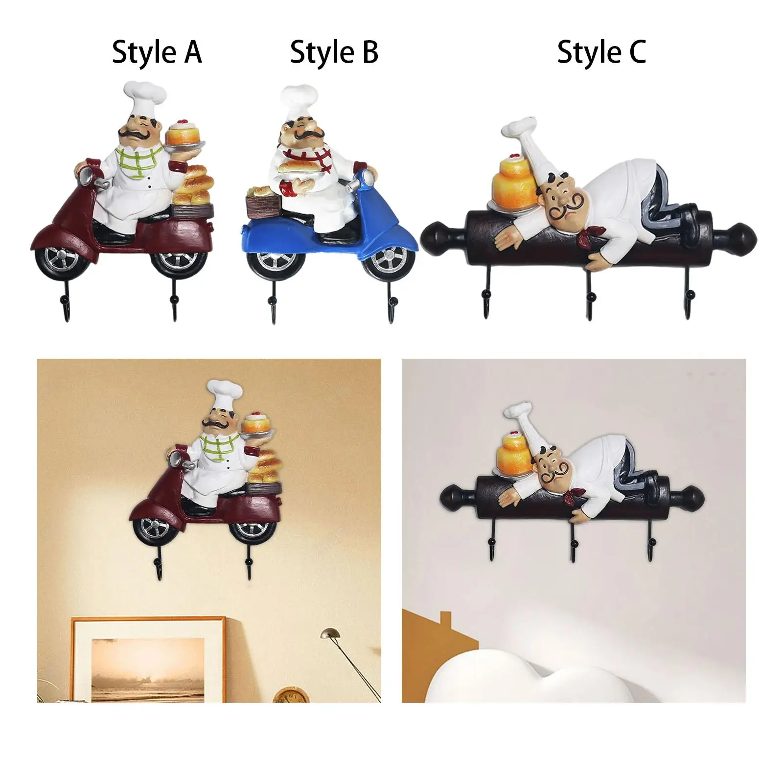 Chef Figurine Wall Hook Decorative Utility Hook Wall Hanger Wall Mount Rack Hook for Oven Gloves Caps Coats Hats Living Room