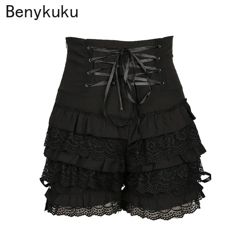 Gaya Lolita Vintage Renda Ruffles Ukuran Renda Wanita Hitam Labu Celana Gothic Punk Gadis Tinggi Pinggang Celana Pendek