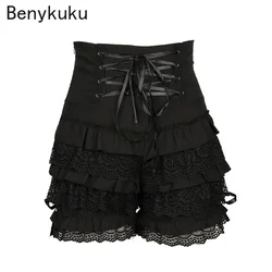 Short à volants en dentelle de style Lolita vintage pour femmes, culotte bouffante Aliments noire à lacets, short taille haute gothique punk pour filles, grande taille