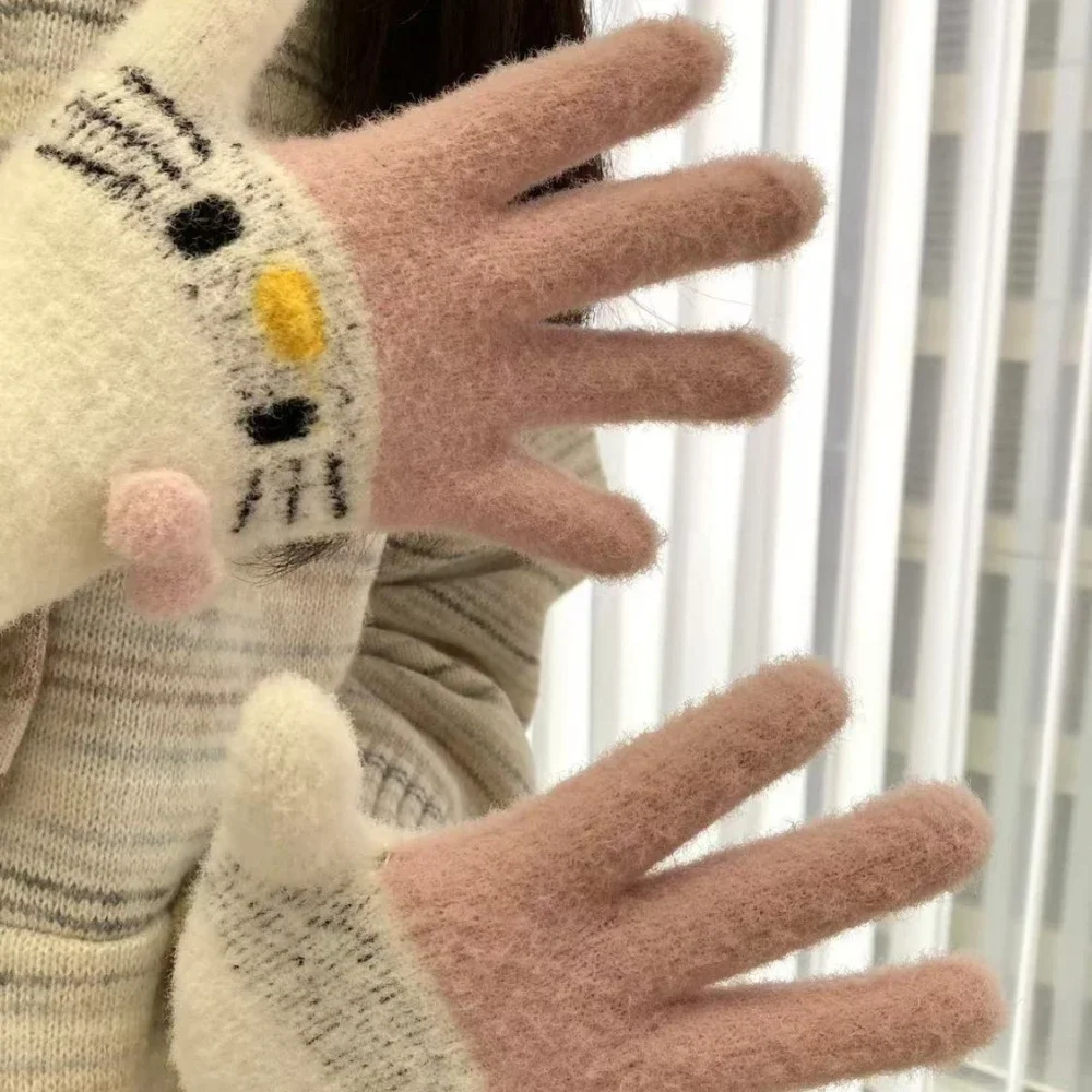 Miniso Hello Kitty Gloves Cute Knitted Five Finger Gloves Winter Warm Electric Bike Riding Cold Frost Resistant Plush Gloves