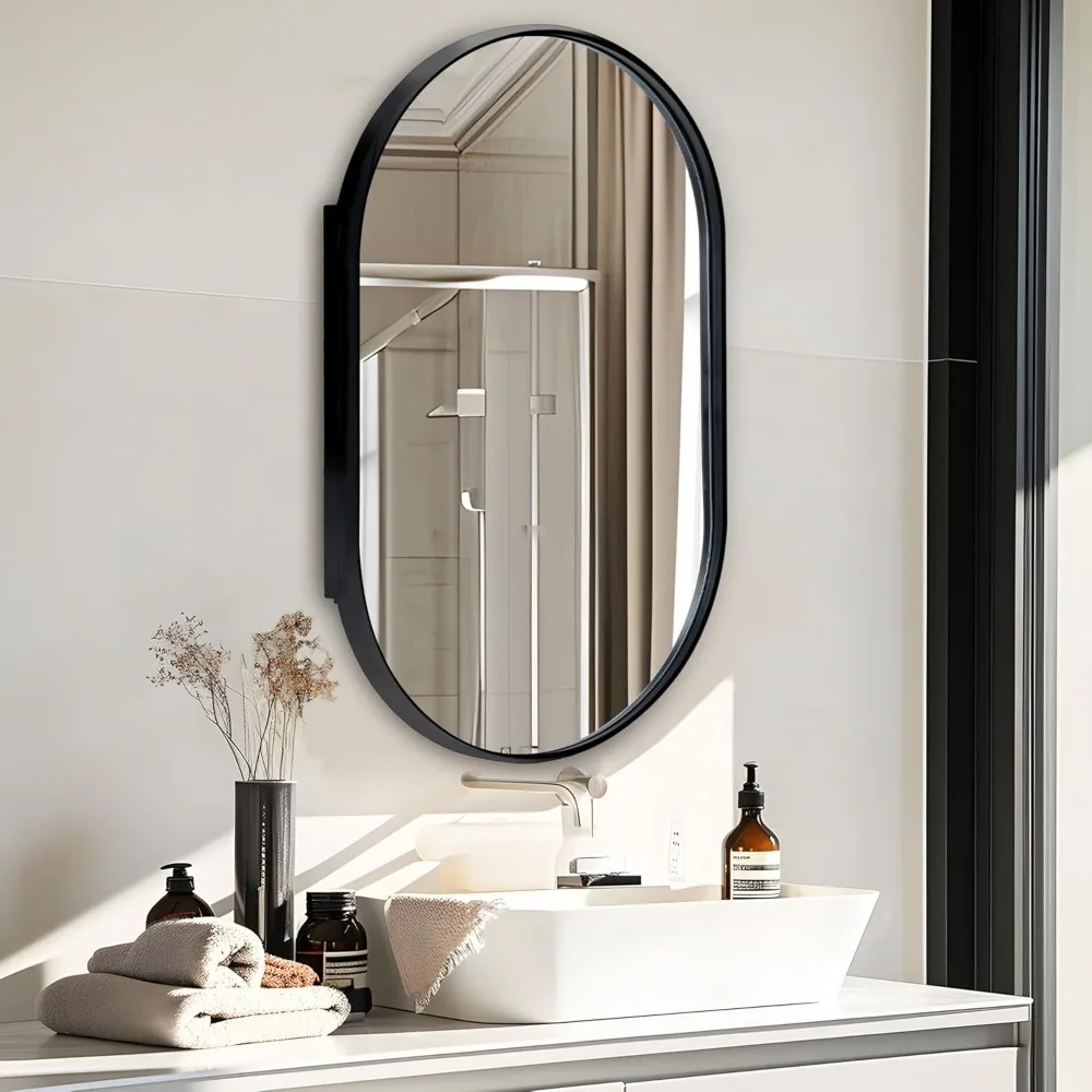 

Oval Bathroom Medicine Cabinet with Mirror, 34”x20” Recessed Medicine Cabinet for Bathroom with Beveled Edge Mirror