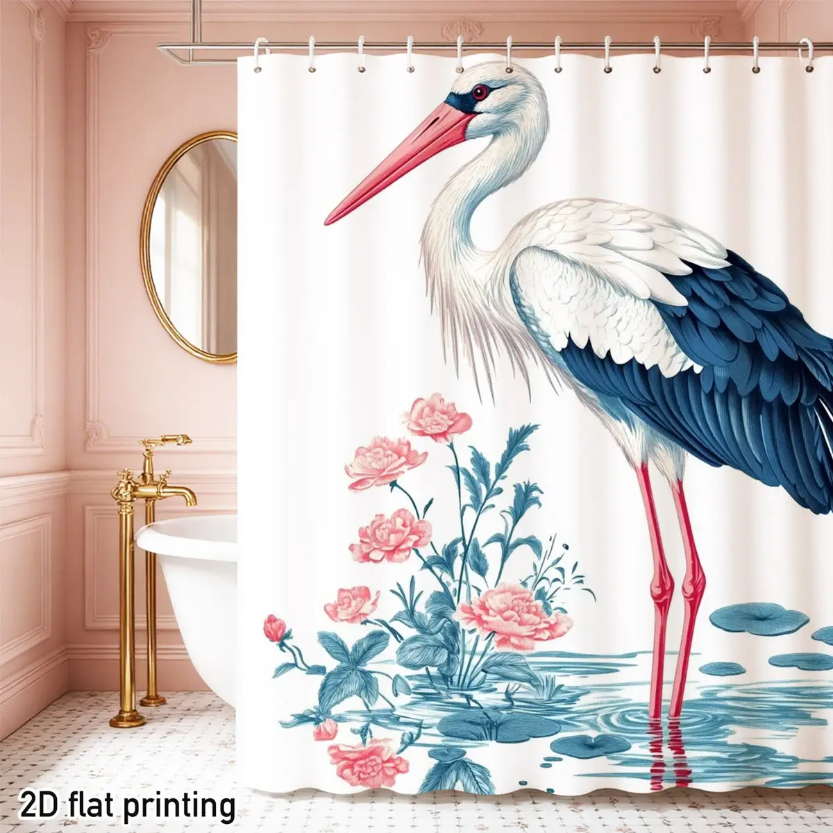2D Flat Watercolor Stork Pink Flower Pond Shower Curtain with Hooks European Farmhouse Style Metal Buttonhole Top Bathroom Decor