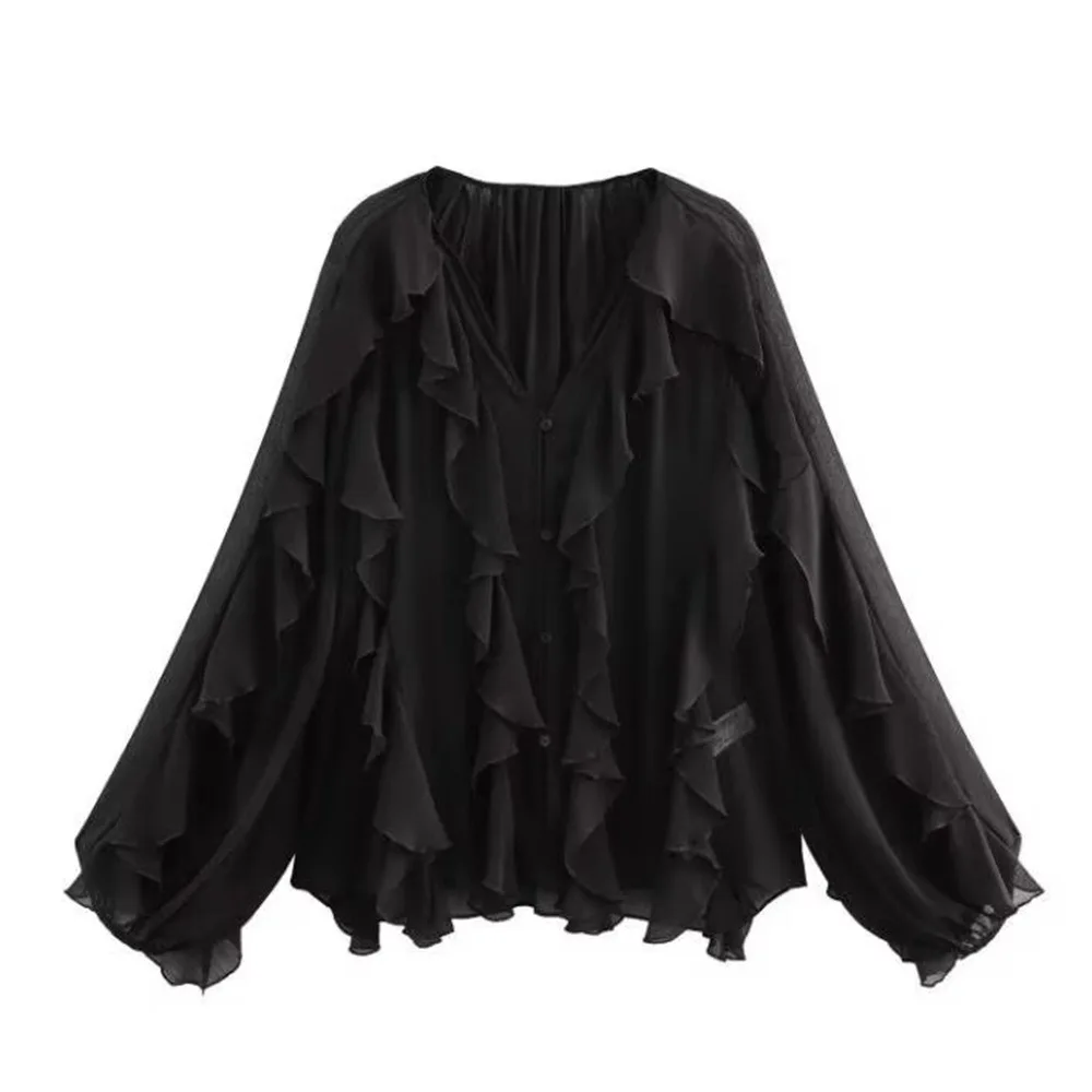 Kawaii Fairy Cream Ruffle V-Neck Chiffon Blouse Women Loose Lantern Long Sleeve Flowy Button Down Elegant Casual Shirt