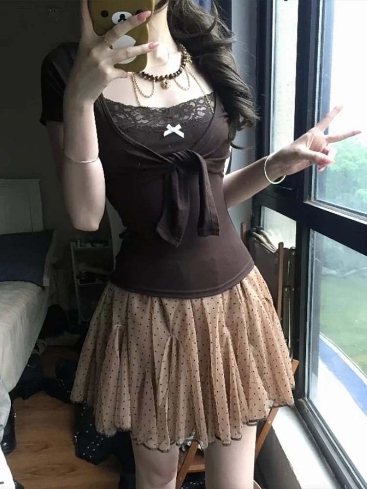 Japanese Y2k Two Pieces Tops Women Short Sleeve Lace Patchwork Camis + Lace Up Smock Fairycore 2000s Tee Tops E-girls