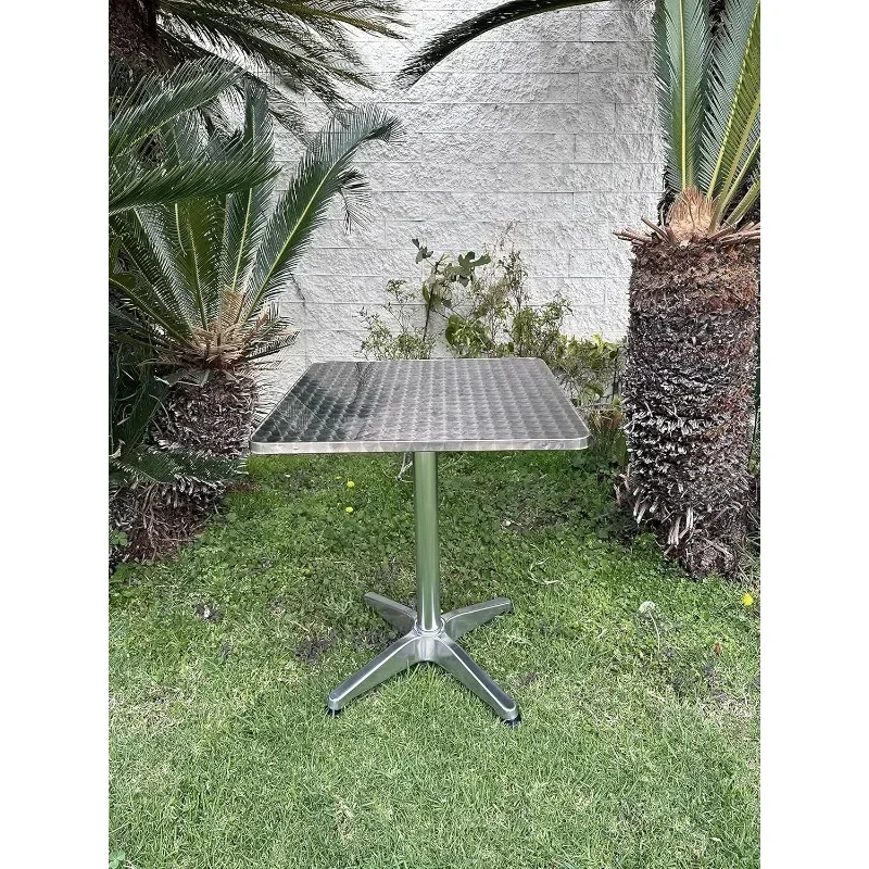 Indoor Outdoor Square Restaurant Table for Patio Stainless Steel Silver Aluminum Furniture with Base Pack, Set of 2