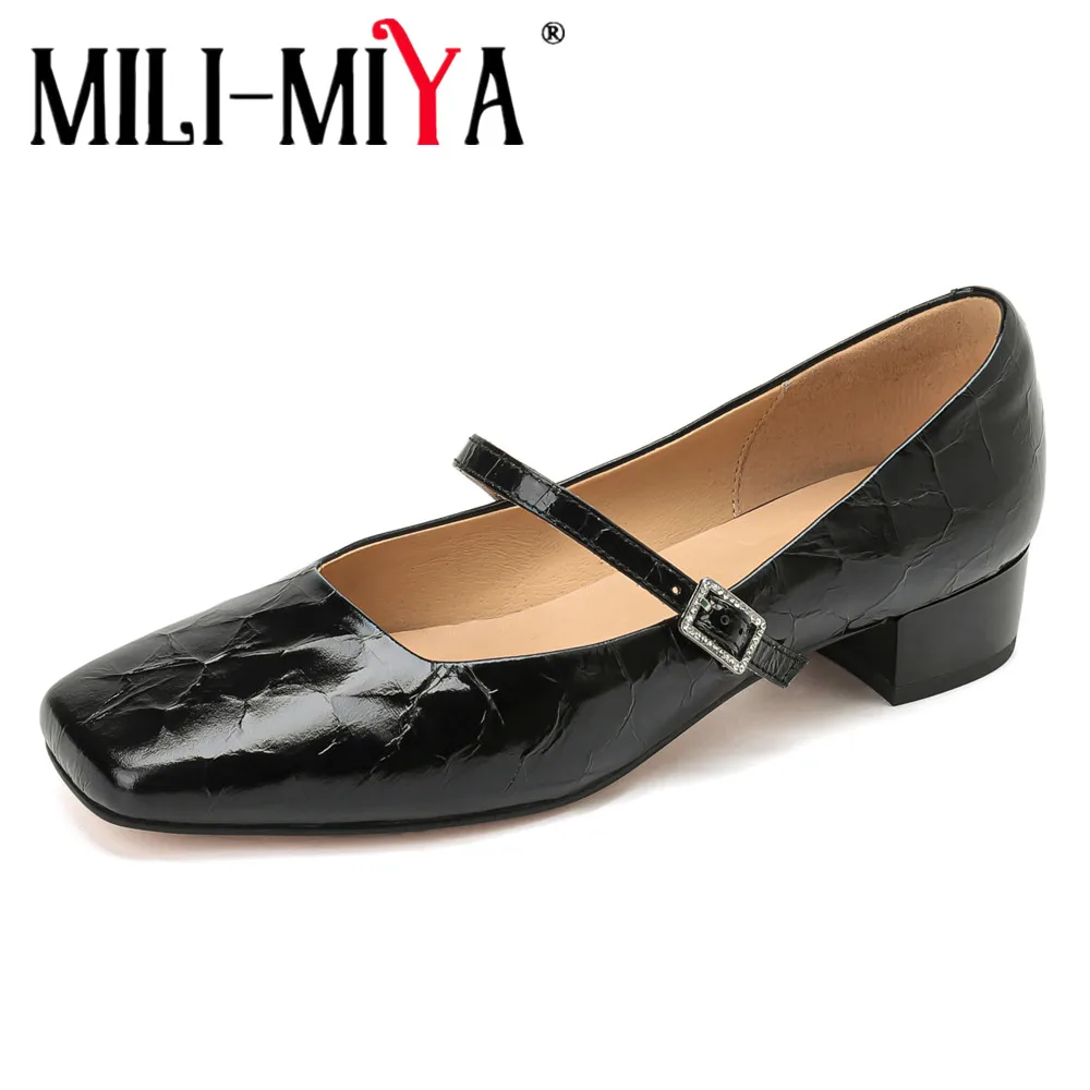 MILI-MIYA Women's Full-Leather Mary Jane Pumps With Single Buckle Retro-Style Chunky Heel Solid-Color Casual Shoes For Ladies