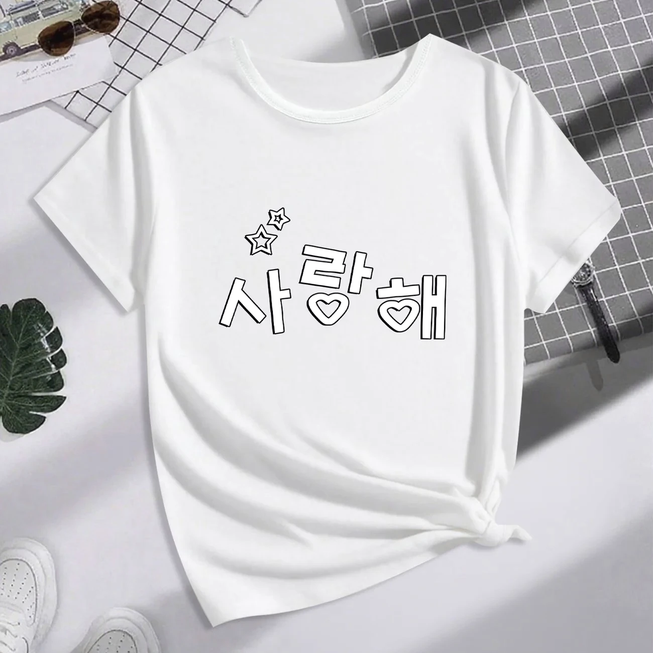 Women Fashion T-Shirt Korean Saranghae Heart Print Graphic Tee Casual Short Sleeve Sale Clothes with Many Korean Reviews Able
