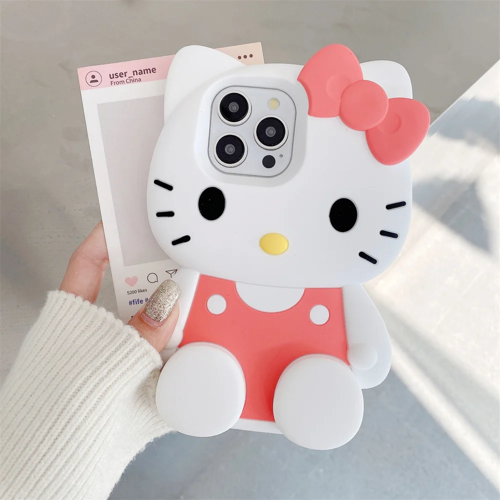 

Милый чехол для телефона Hello Kitty с 3D-подставкой для iPhone 16, 15, 14, 13, 12, Pro Max 11, полностью защитная силиконовая задняя крышка, матовый мягкий чехол