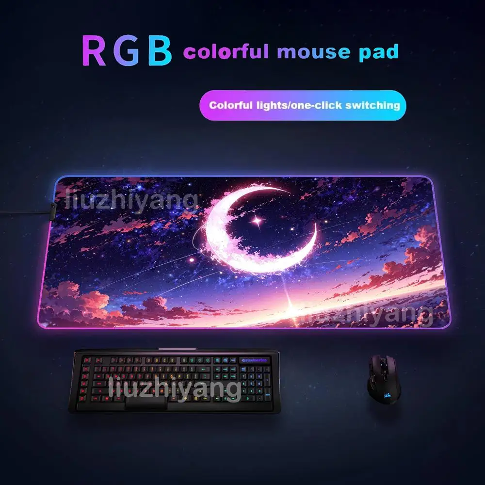 

Коврик для мыши с лунным пейзажем, большие игровые коврики для мыши RGB, светодиодный светильник с замком по краям, игровые аксессуары, настольные коврики, коврик для клавиатуры ПК XXL 90x40 см