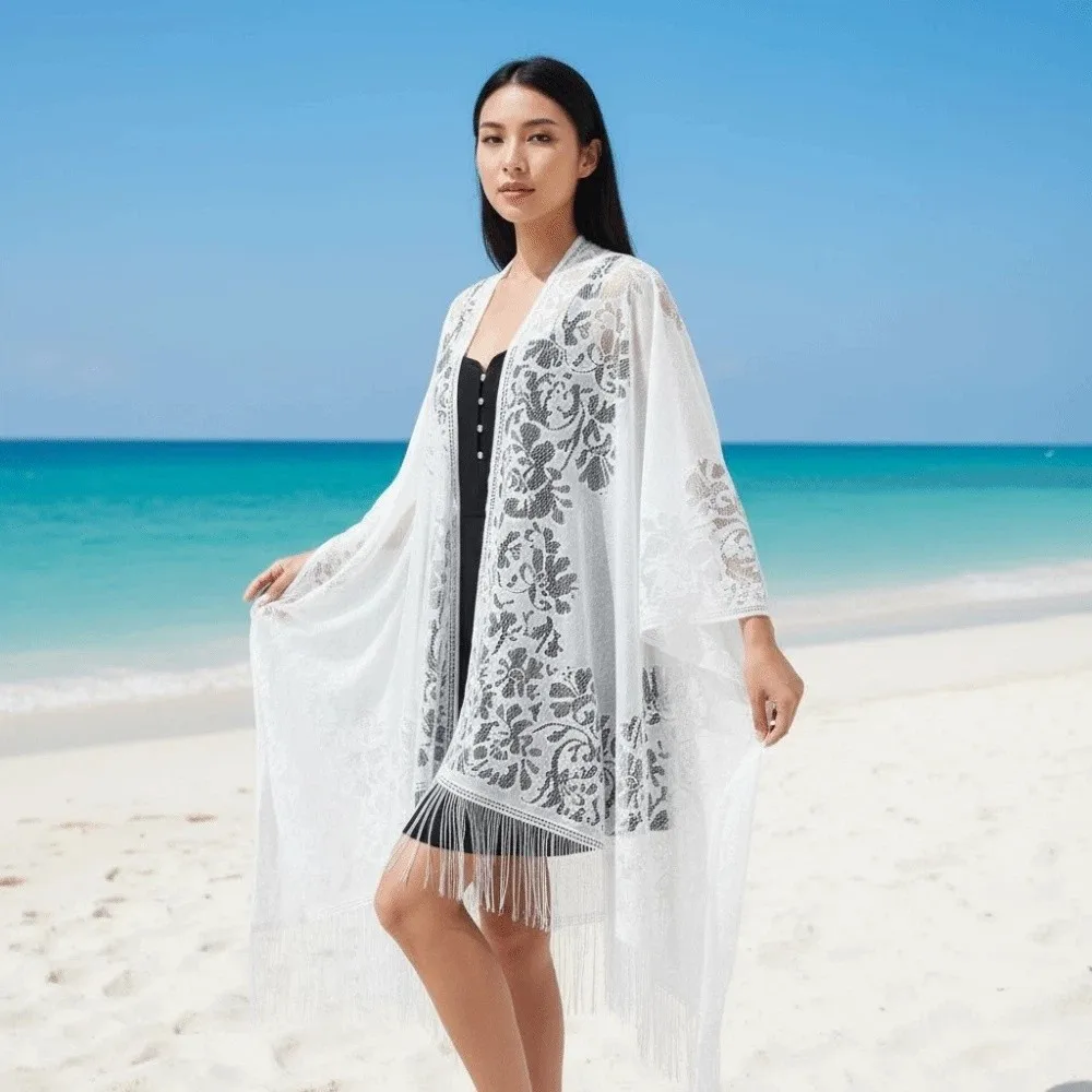 

Breathable Lace Hollow Flower Shawl Sunscreen with Tassel Sunshade Thin Large Scarf Polyester Solid Color Seaside Vacation Cloak