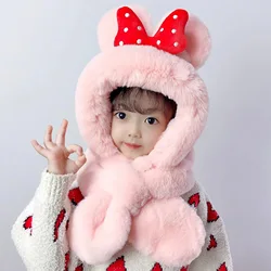 Disney Children Hat Scarf Set Winter Warm Thicked Ear Protection Hats for Baby Girls Cute Minnie Bow Outdoor Thermal Velvet Cap