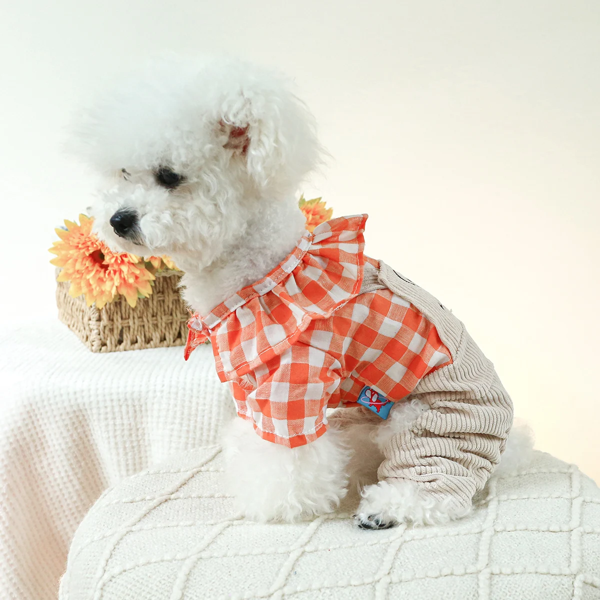 1PC Pet Clothes Cat Spring and Autumn Lotus Leaf Orange White Strap Pants Four legged Suitable for Small and Medium Dogs