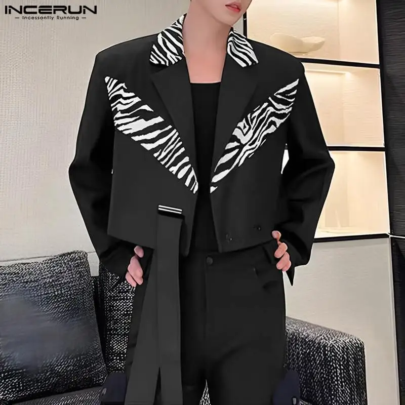 

INCERUN Tops 2023 Korean Style Men Zebra Pattern Patchwork Design Blazer Casual Streetwear Cropped Long Sleeved Suit Coats S-5XL