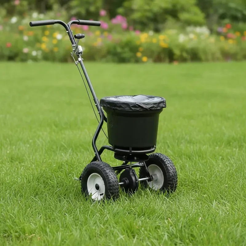 23KGS Walk Behind Spreader with Screen & Rain Cover Adjustable Hand Push Spreader for Grass Seed, Salt & Ice Melt