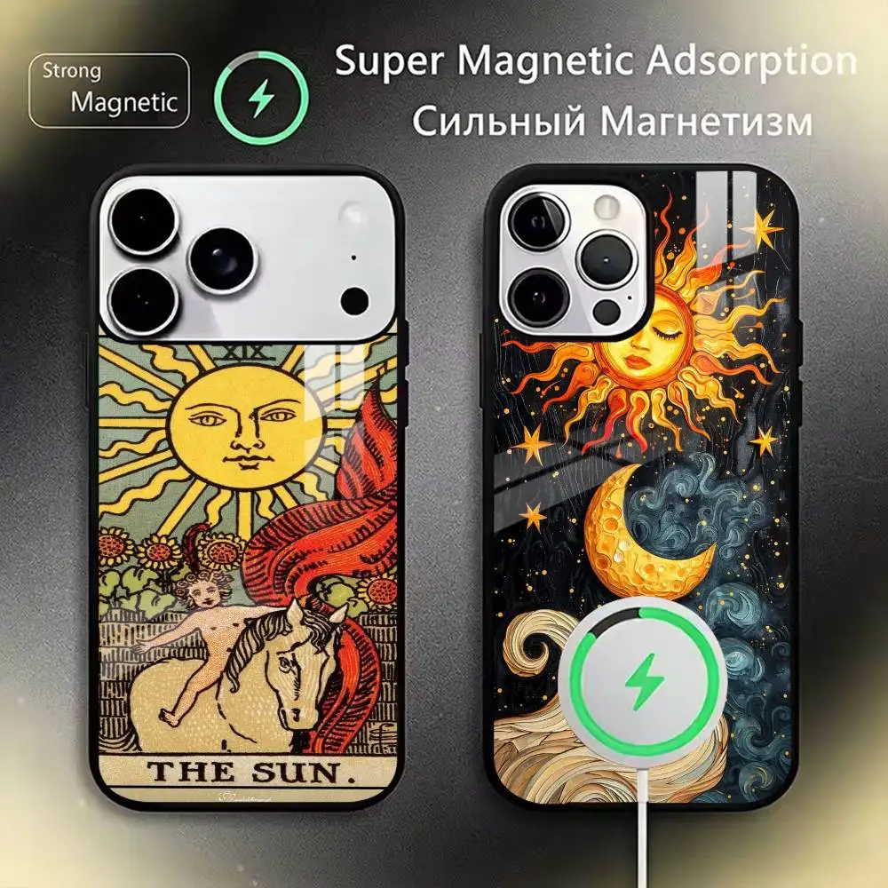 

Retro Tarot Sun Moon Stars Magnetic Phone Case For iPhone17,16,15,14,13,12,11 Plus,Pro Supports Magnetic Wireless Charging