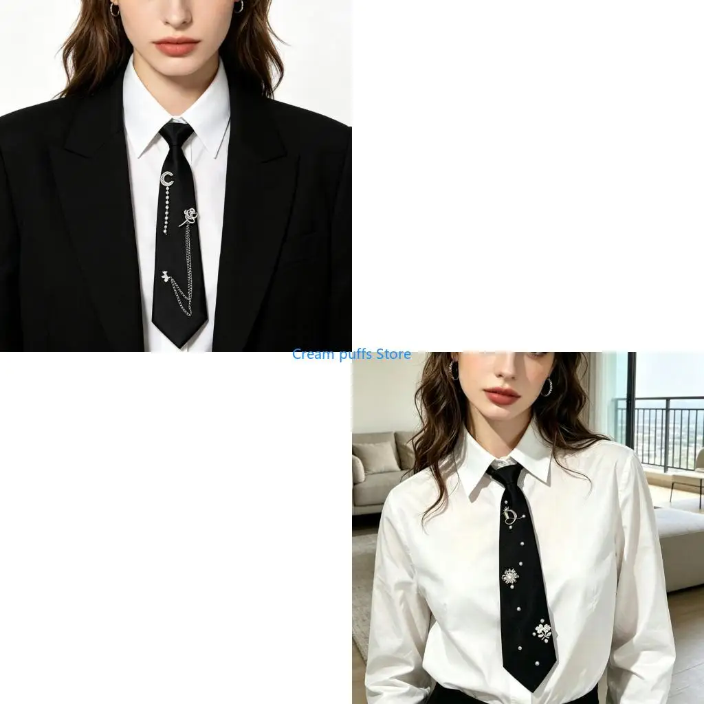 50LE Black Fashion Necktie with Charm Accents for Party and Photos
