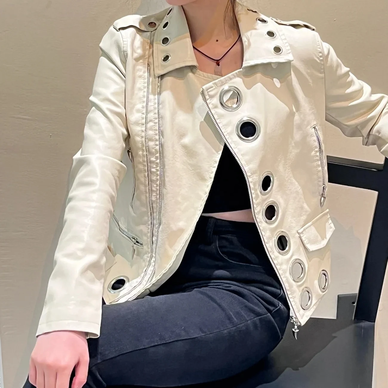 Women Chic Faux Leather Motorcycle Jacket Fall PU Locomotive Bomber Coat Zipper Cardigan Metal Rings Hollow Streetwear Crop Tops