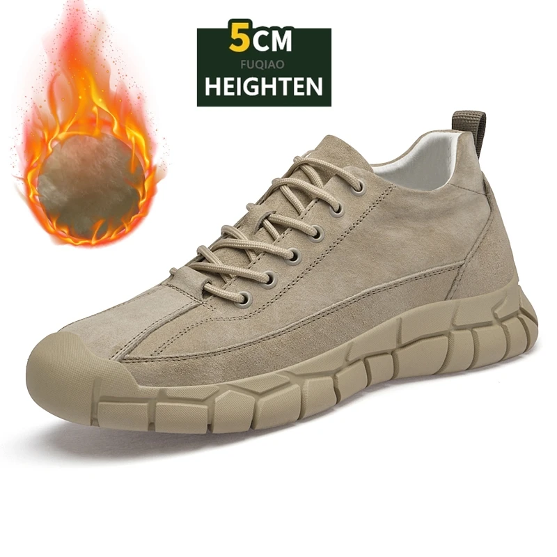 

Мужские зимние теплые повседневные туфли из свиной кожи с плюшевой подкладкой, нескользящие рабочие ботинки, увеличивающие рост 5 см, уличные кроссовки