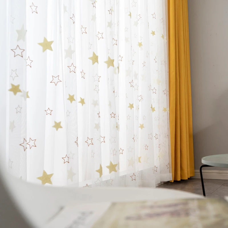 Modern Fresh Blue Yellow Five-pointed Star Curtain Children Room Window Screen Cartoon Light-transmitting Balcony Partition
