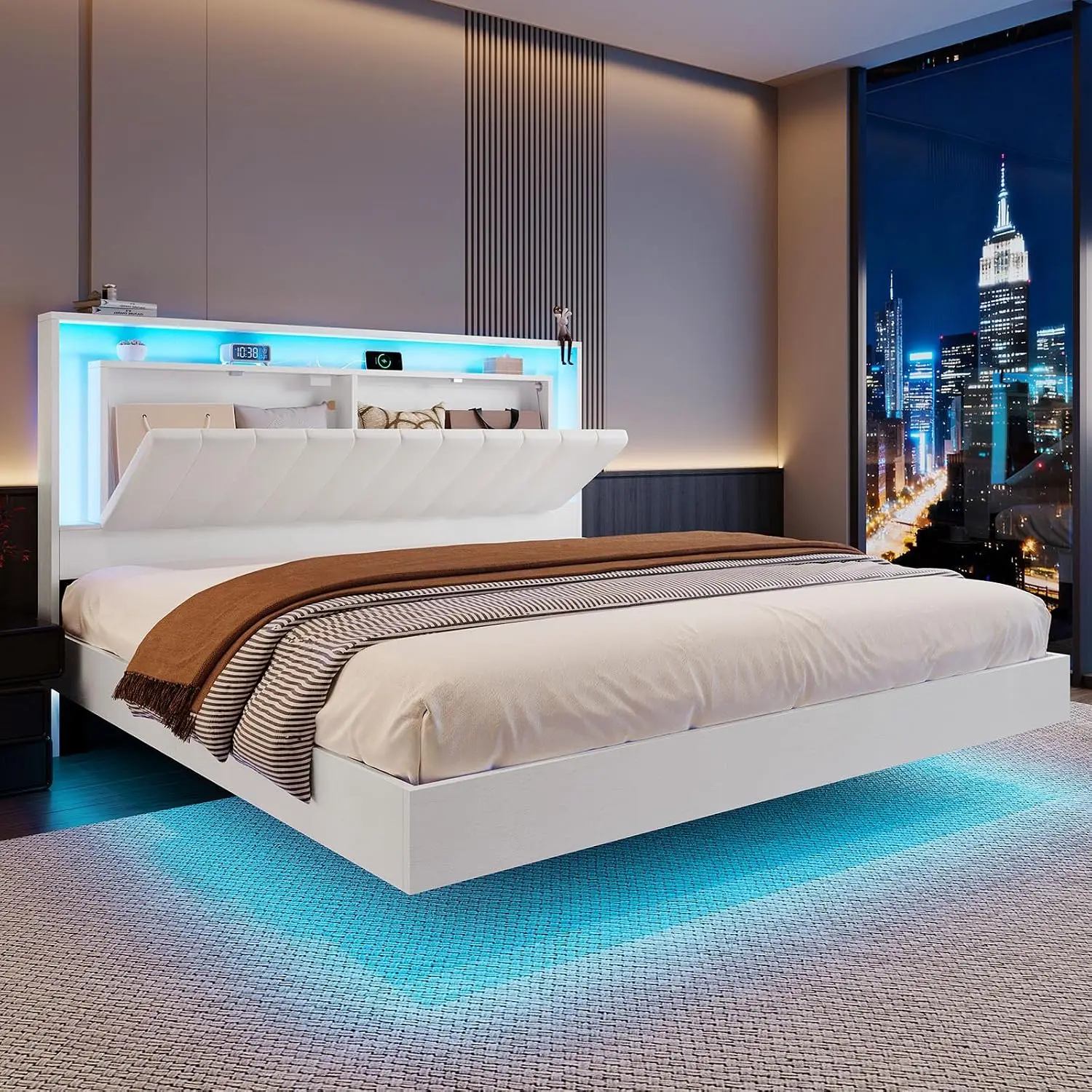 Queen Floating LED Bed Frame Modern Storage White, Customized
