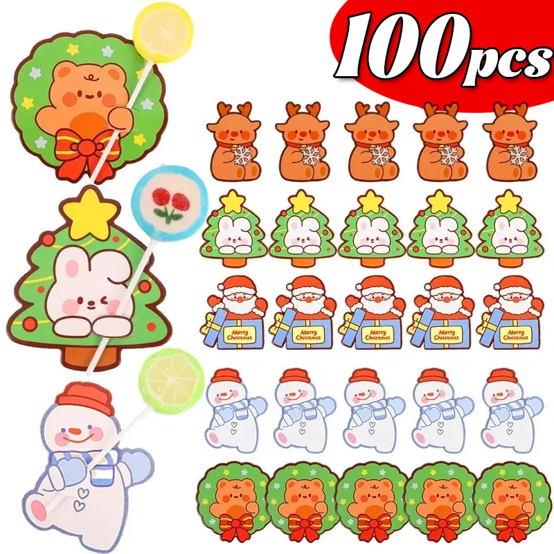 50PCS/SET Christmas Lollipop Paper Cards Blessing Message Cartoon Kids Candy Gifts Package Wrapping New Year Party Decoration