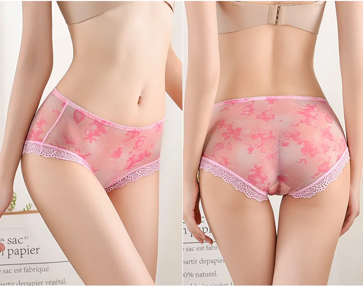 Women\'s Sexy Perspective Panties Girls Printing Underpants Lady Mesh Breathable Shorts Low-Waist Lace Briefs Fashion Underwear