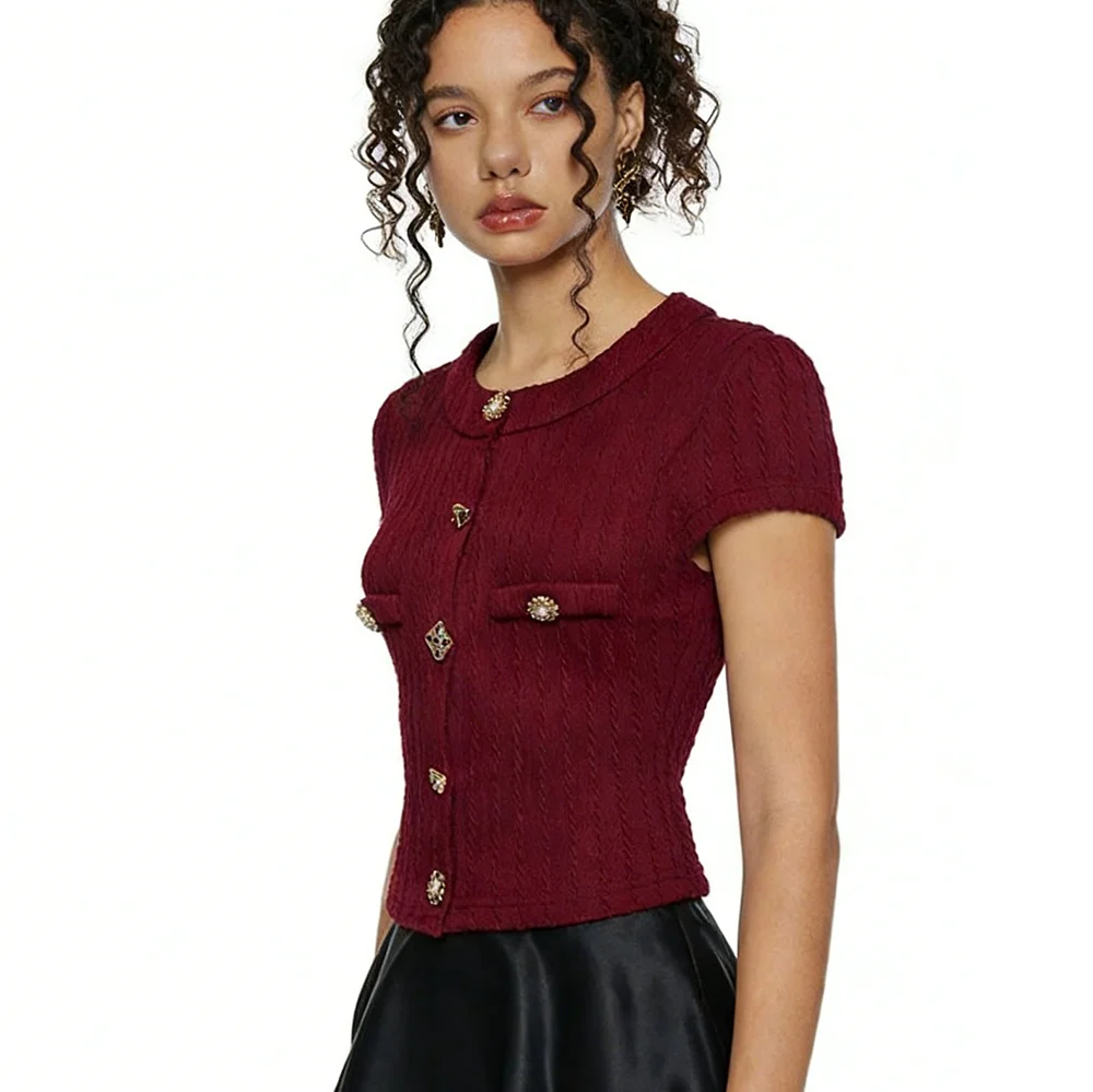 

Новый вязаный кардиган в стиле ретро (Европа и Америка) 2026 года – элегантный бордовый тонкий топ с коротким рукавом, универсальный для повседневных образов