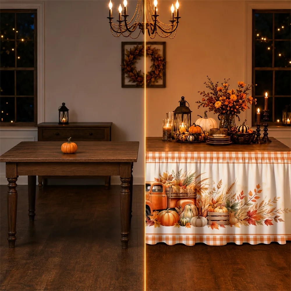 Tablecloth table skirt 1 piece Autumn harvest vintage truck pumpkin wheat leaves Orange checkered farmhousezyc
